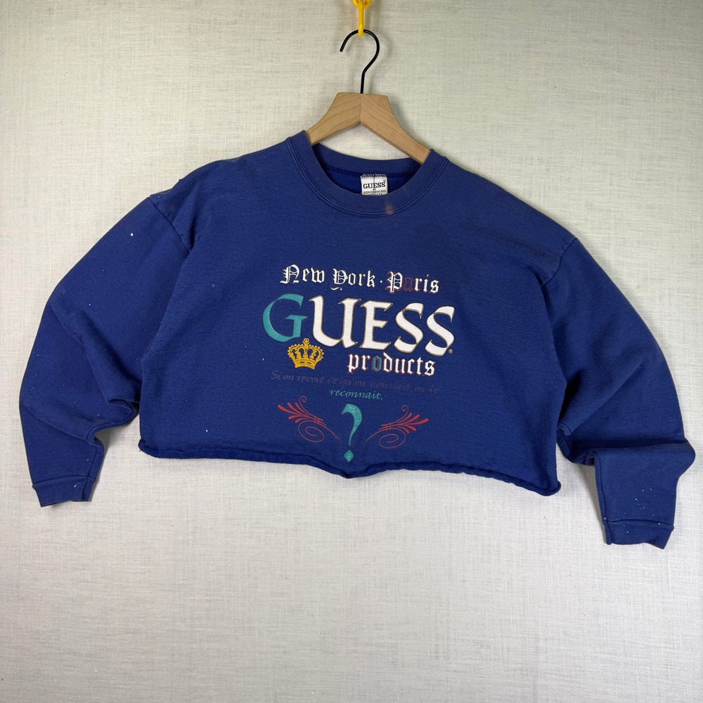Vintage Guess Crewneck Women's L Cropped Sweatshirt Blue New York Paris USA Made